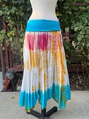 Vintage Multi-Color Tie-Dye Midi Skirt with Teal Waistband